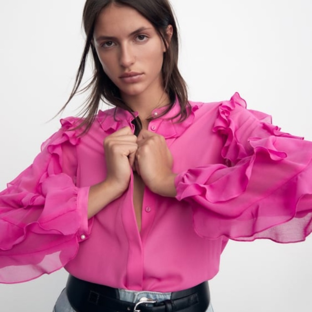 Zara Pink Sheer Ruffle Blouse - Picture 3 of 6